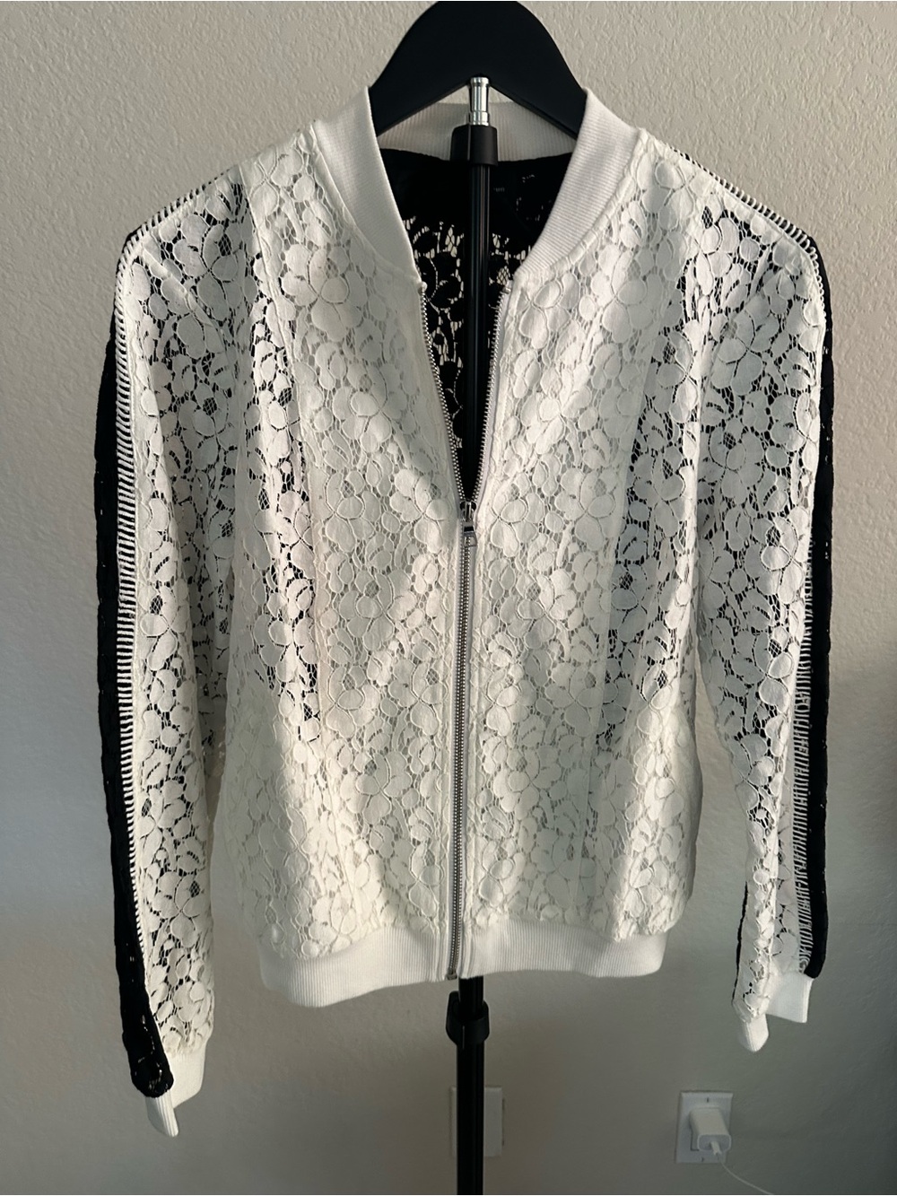 INC International Concepts White Lace Bomber Jacket with Black Stripe Size PS